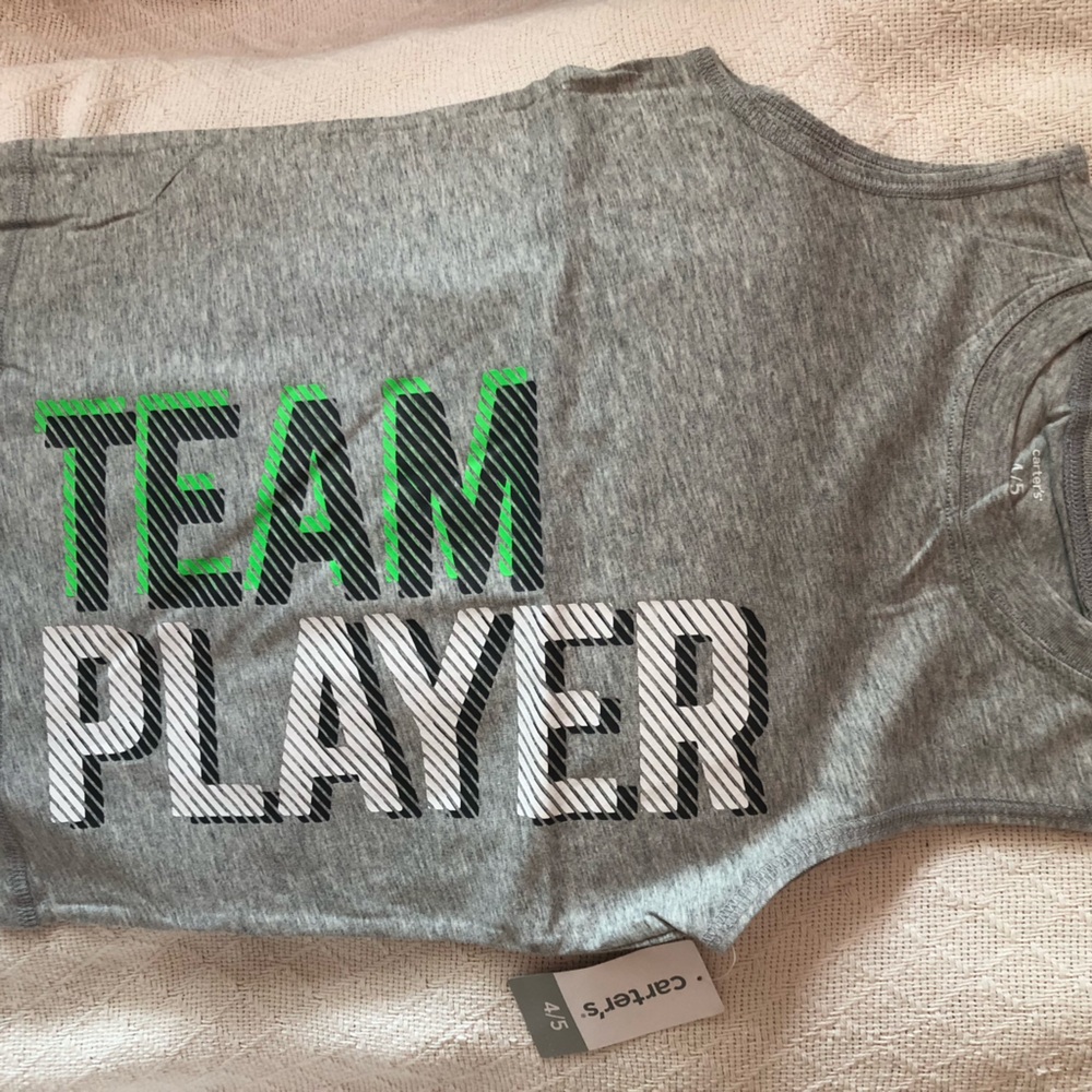 NEW Grey Muscle Shirt Sleeveless Sz 4/5 “TEAM PLAYER” in White & Neon Green